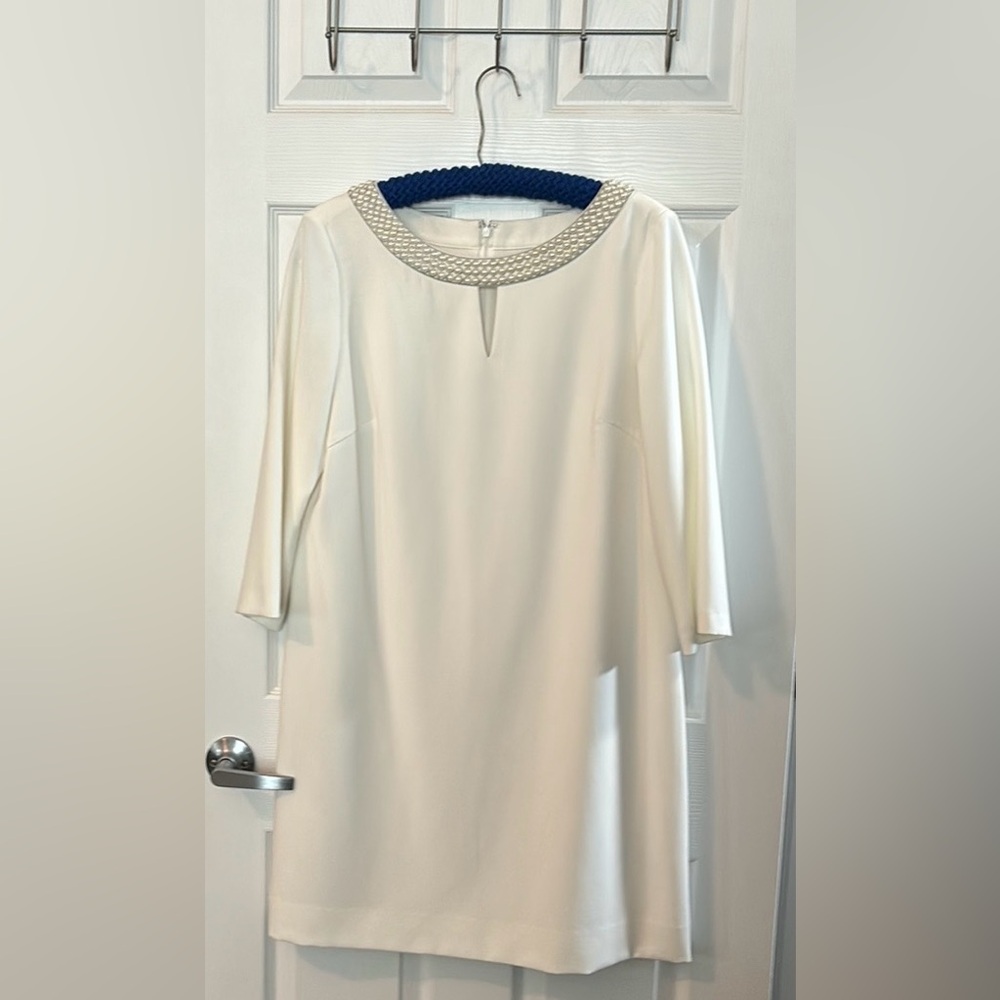 Size 12 Tahari straight off white dress with pearl collar embellishment.